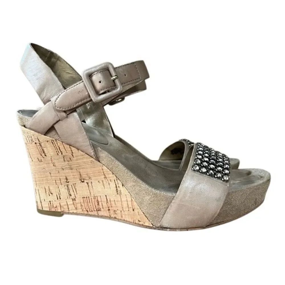 Nine West NWOT Susan taupe, rhinestone, wedge, sandals, size 10